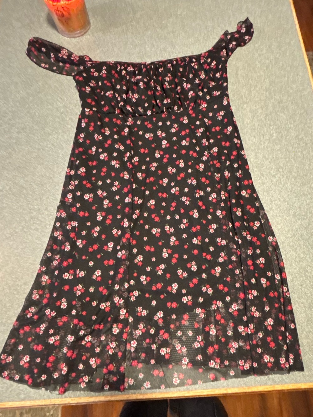 See You Monday Black Off-Shoulder Dress with Pink Floral Print